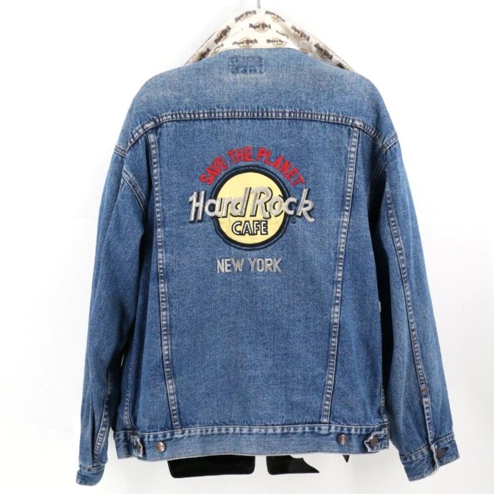 🧵Hard Rock New York Denim Jacket Save The Planet XL Blue Jean Trucker Vintage